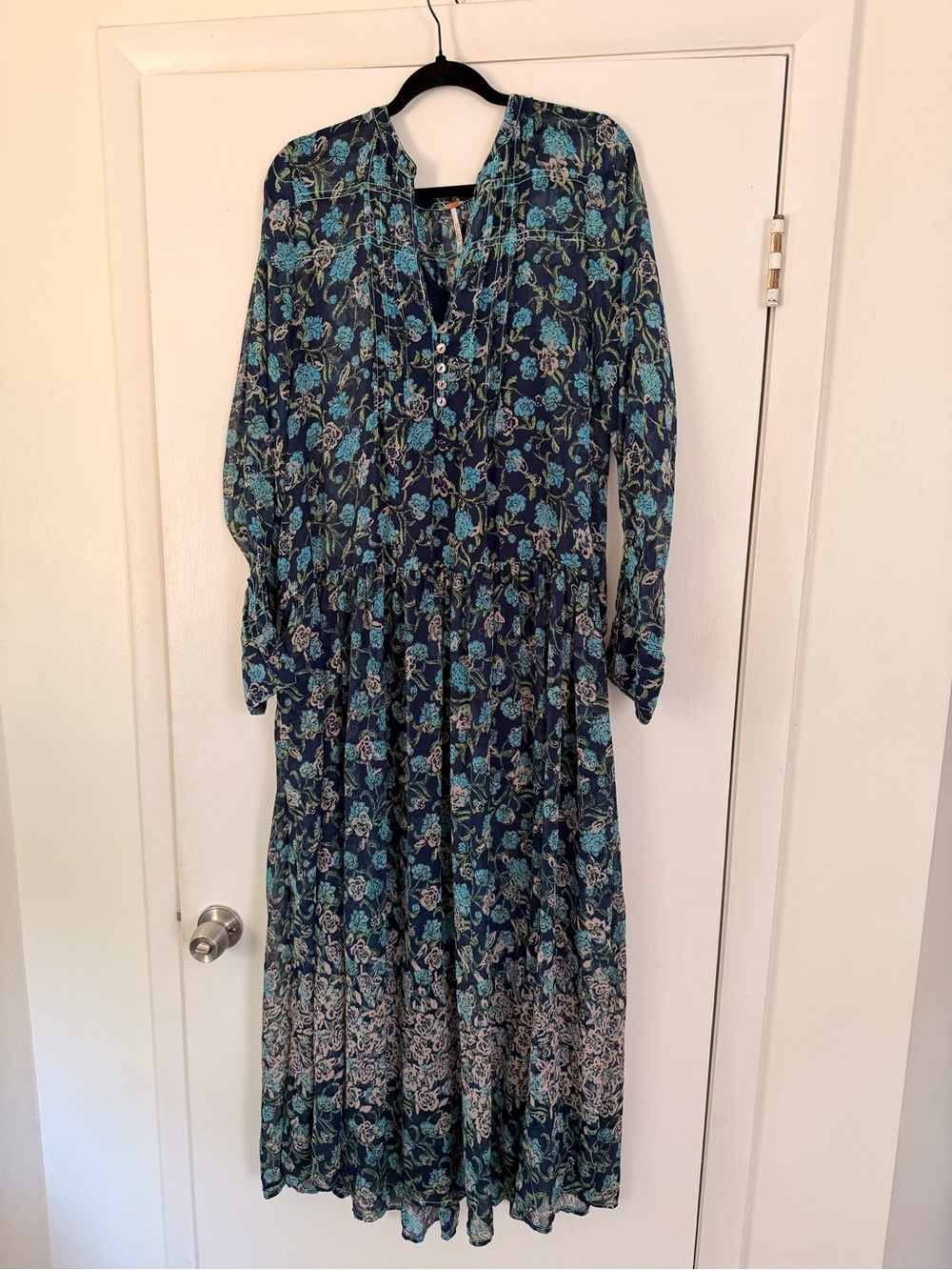 Free People Floral Long Sleeve Midi Dress in Teal & Navy